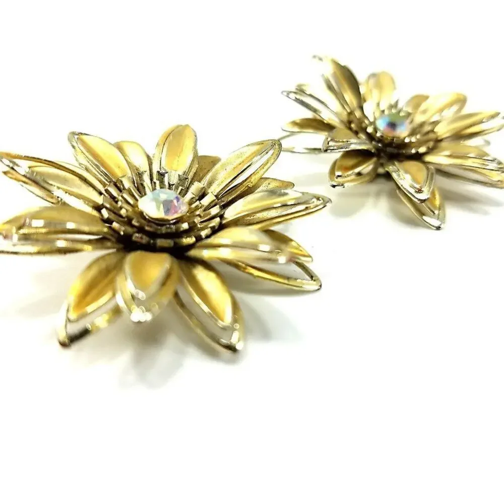 Vintage 1960s Gold Flower Clip Earrings Aurora Borealis Rhinestone